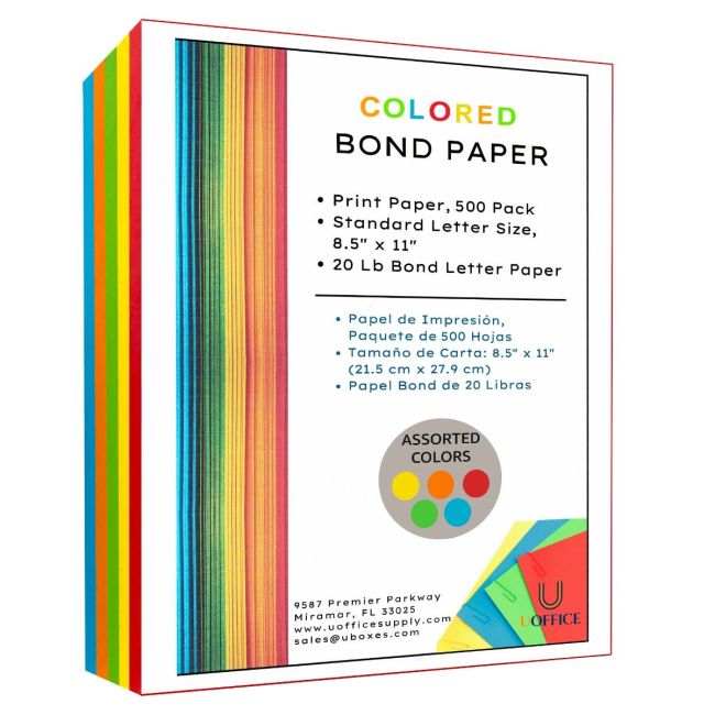 Multicolored colored bond print paper pack of 500 sheets UOFFICE
